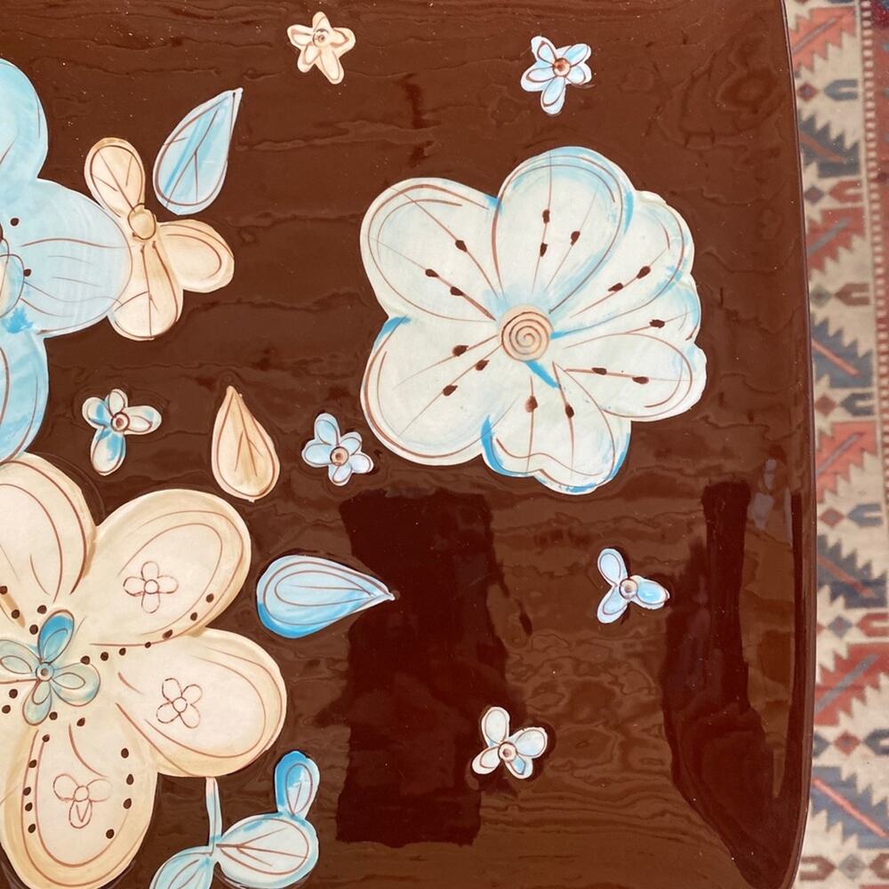 Pier 1 CASSIDY Platter Glossy Florals on Brown 11-1/3” x 13-1/2” - Picture 3 of 6